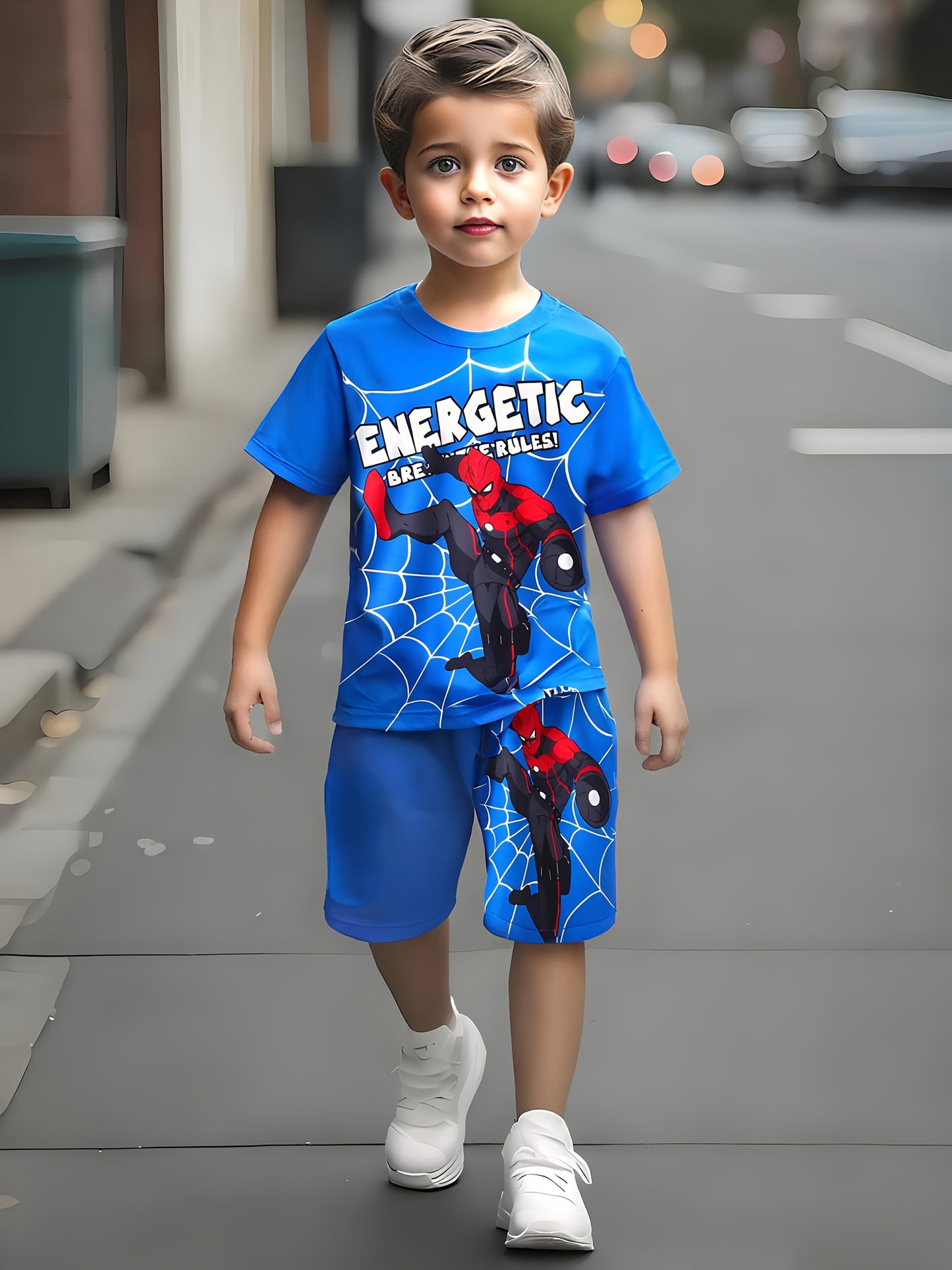 2-piece set of boys' 3D printed cartoon spider web letter design T-shirt and shorts