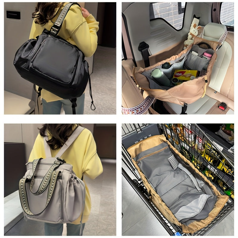 Large Capacity Beige Oxford Fabric Expandable Shoulder Tote Bag