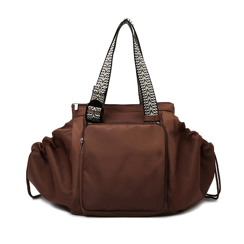 Large Capacity Beige Oxford Fabric Expandable Shoulder Tote Bag