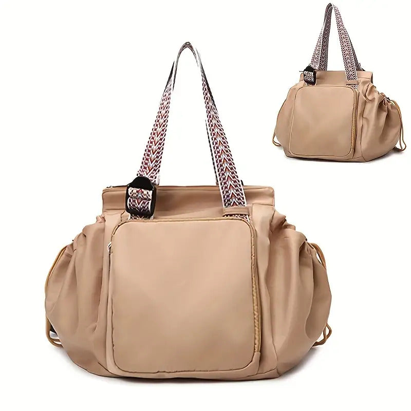 Large Capacity Beige Oxford Fabric Expandable Shoulder Tote Bag