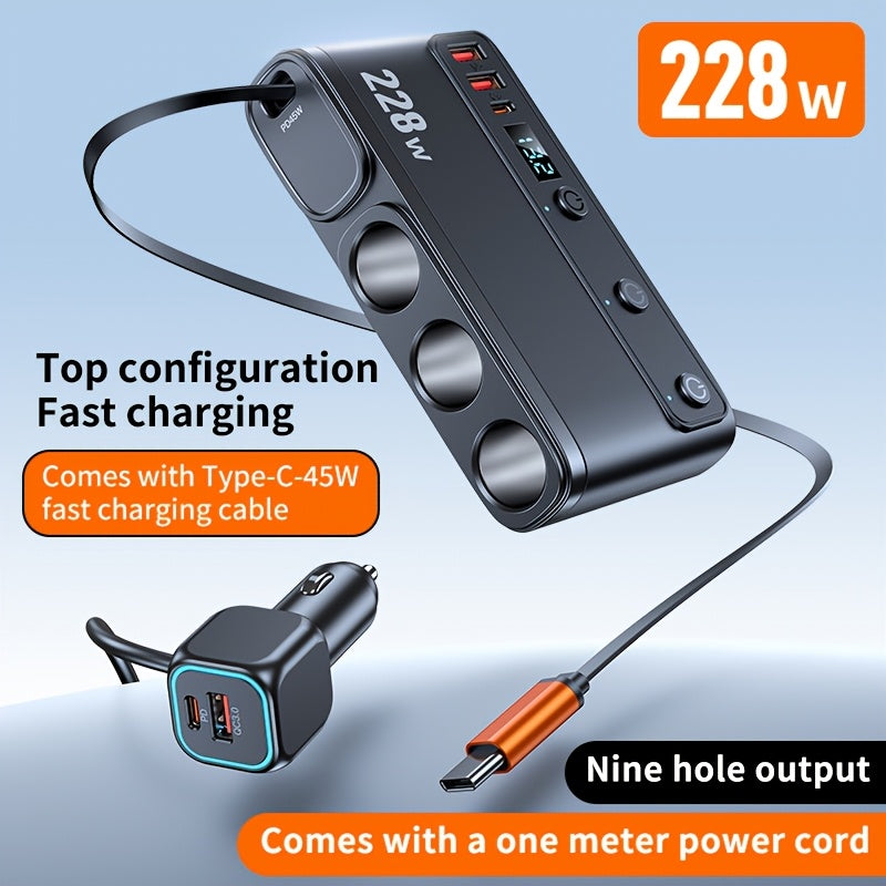 New 228W One-to-Three Car Fast Charger with Retractable Cable