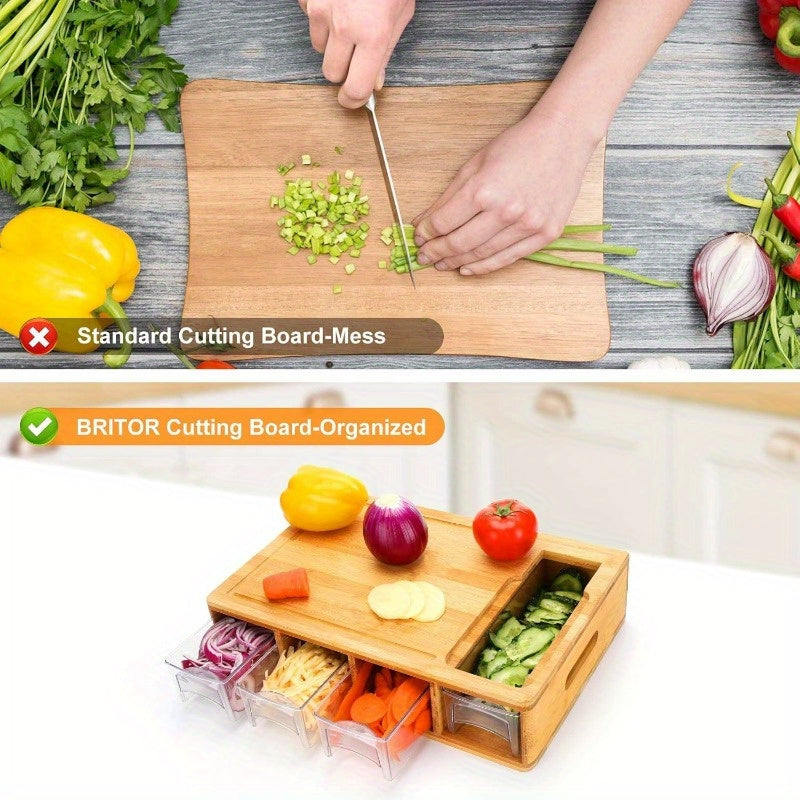 1pc Durable Bamboo Cutting Board With Drawers