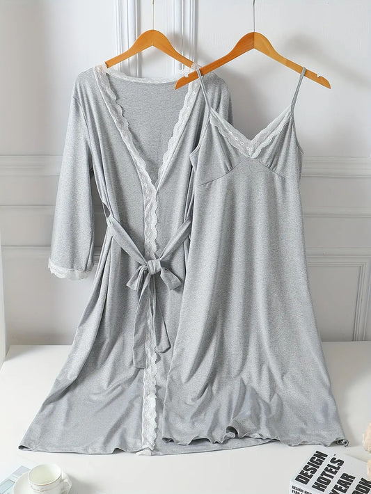 Women's Solid Color Elegant Lace Patch Pajama Set