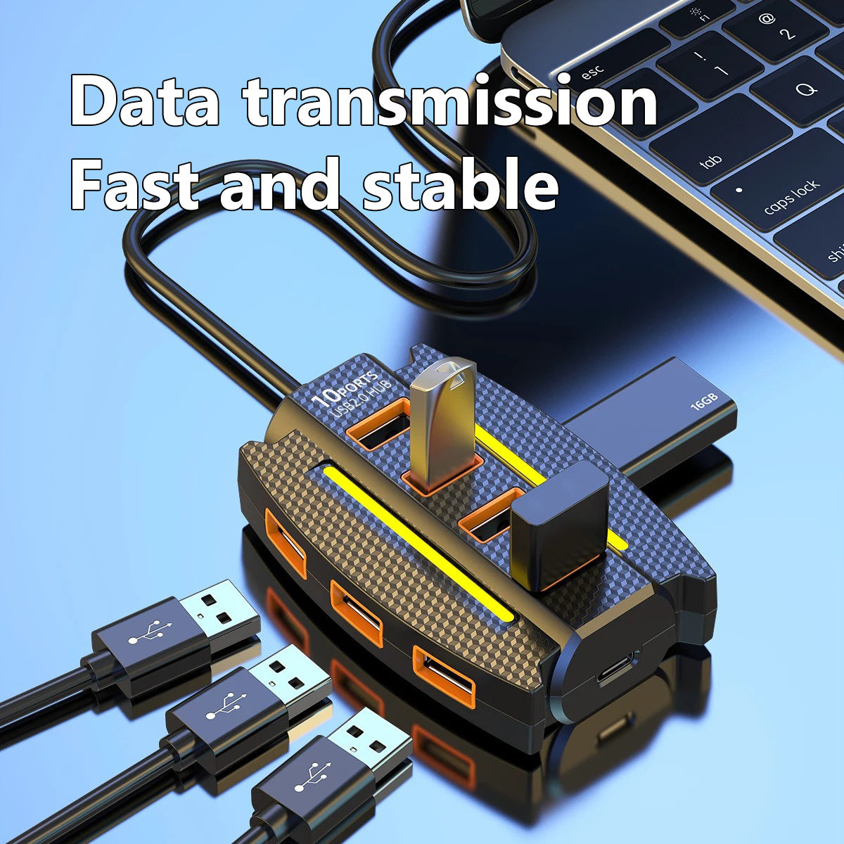 1pc High-Speed 10-Port USB 2.0 Hub with RGB Lights