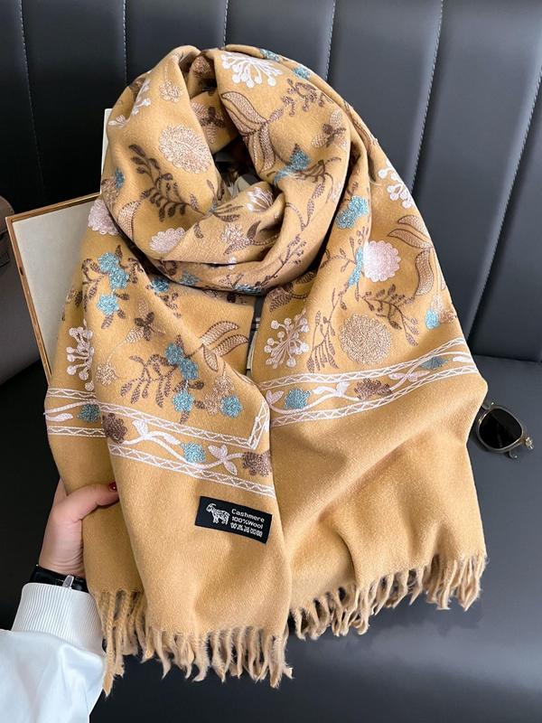 Boho Style Plants Embroidery Double Sided Cashmere Pashmina Scarf