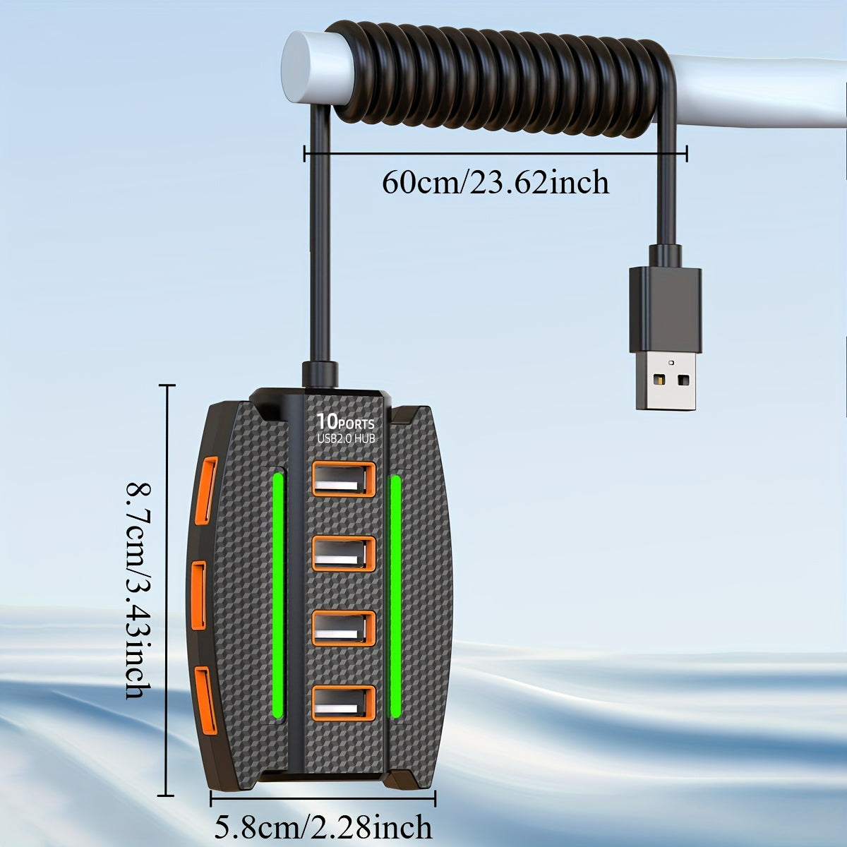 1pc High-Speed 10-Port USB 2.0 Hub with RGB Lights
