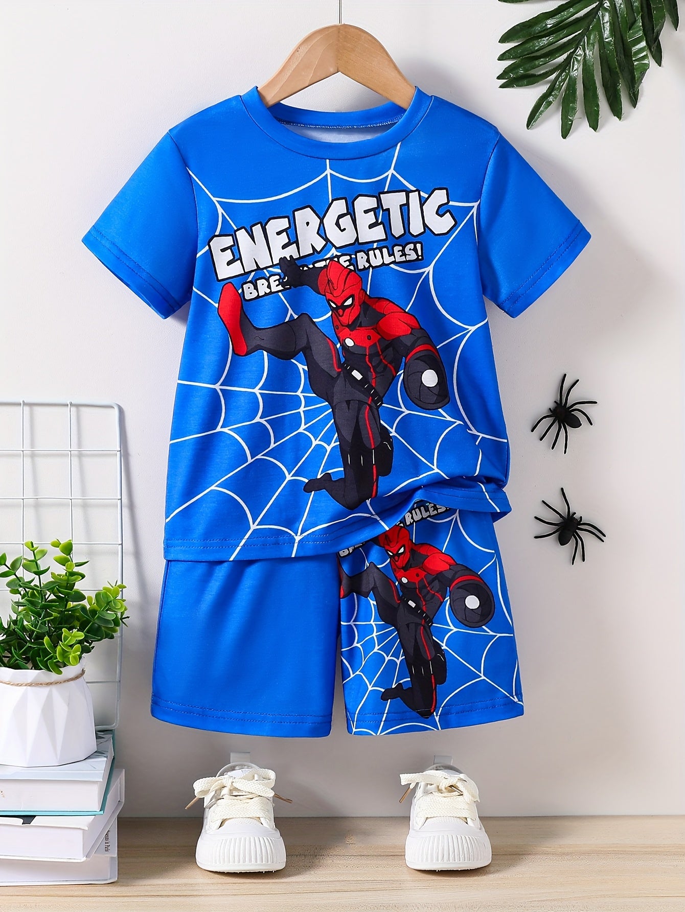 2-piece set of boys' 3D printed cartoon spider web letter design T-shirt and shorts