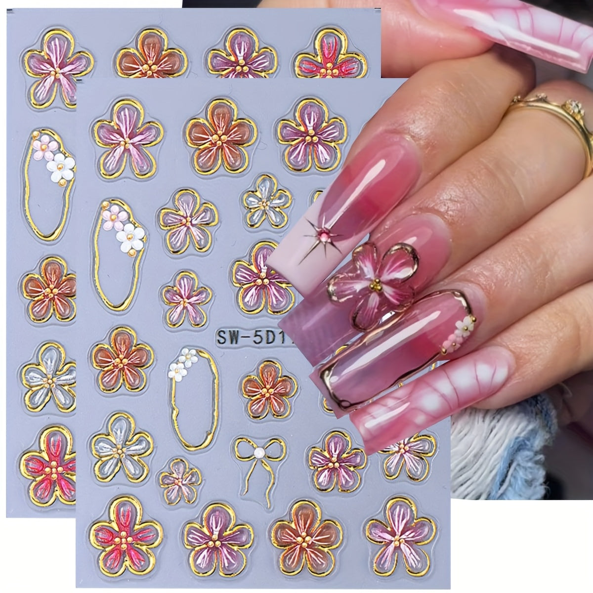 10pcs 5D Embossed Flower Nail Stickers