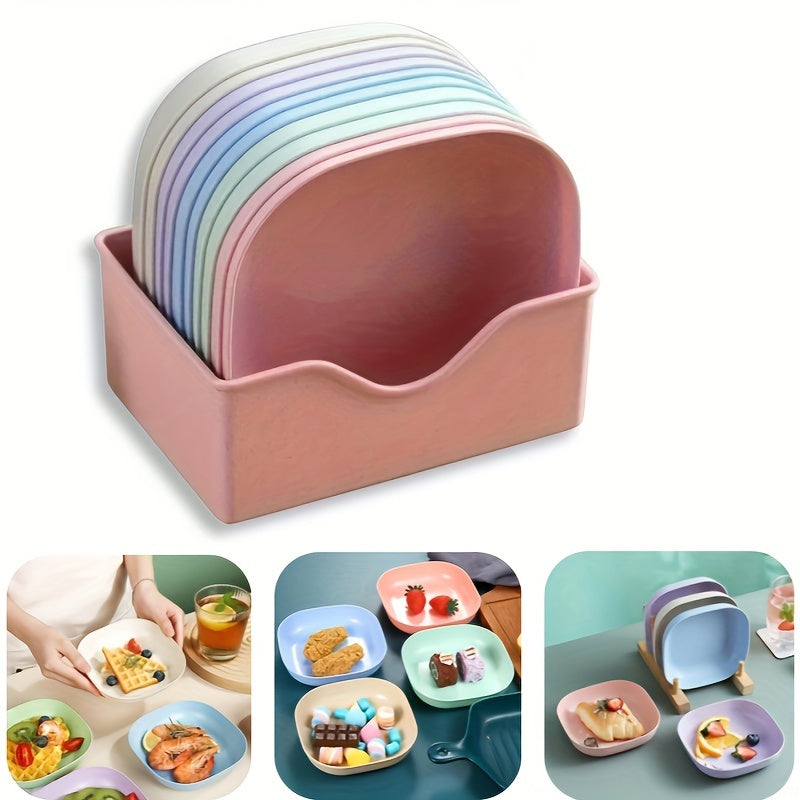 10 Square Portable Plastic Dinner Plates with 1 Holder