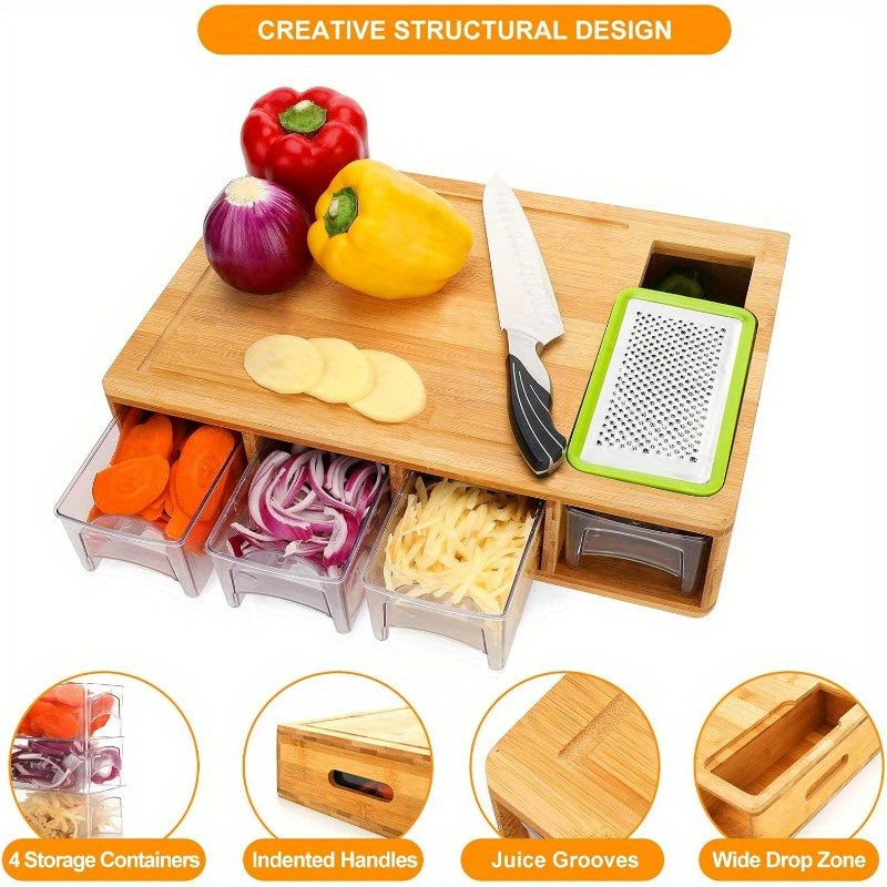 1pc Durable Bamboo Cutting Board With Drawers
