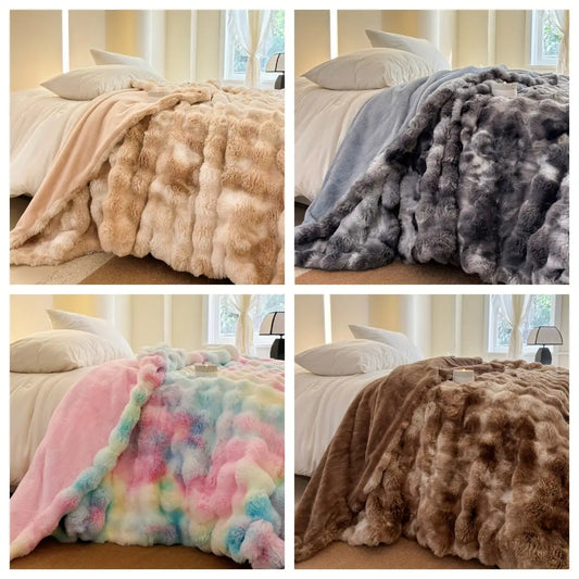 1pc Double-sided Tie-dyed Faux Rabbit Fleece Blanket