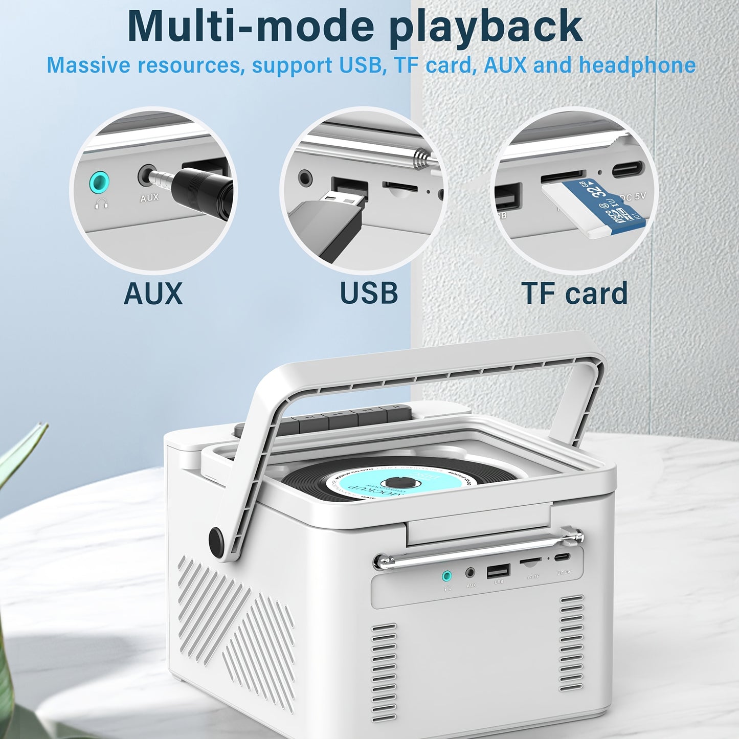 Vintage Retro CD/Cassette Boombox with 5000mAh Battery, Dual Stereo Speakers