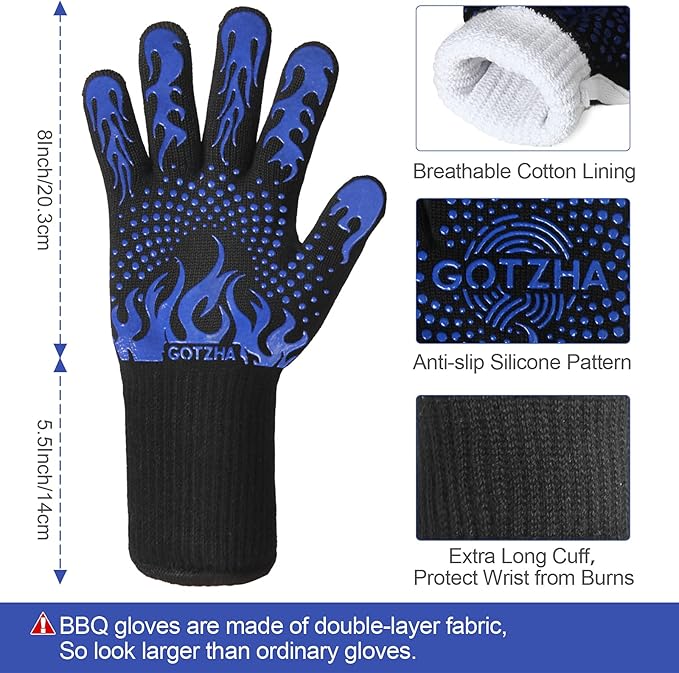 14 Inch Silicone Non-Slip Grill Gloves with Extra Long Cuff