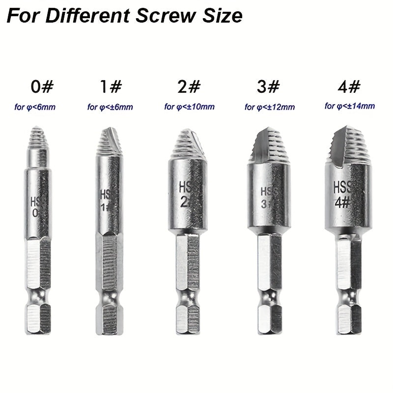 A set of 5 Damaged Screw Extractor Drill Bit