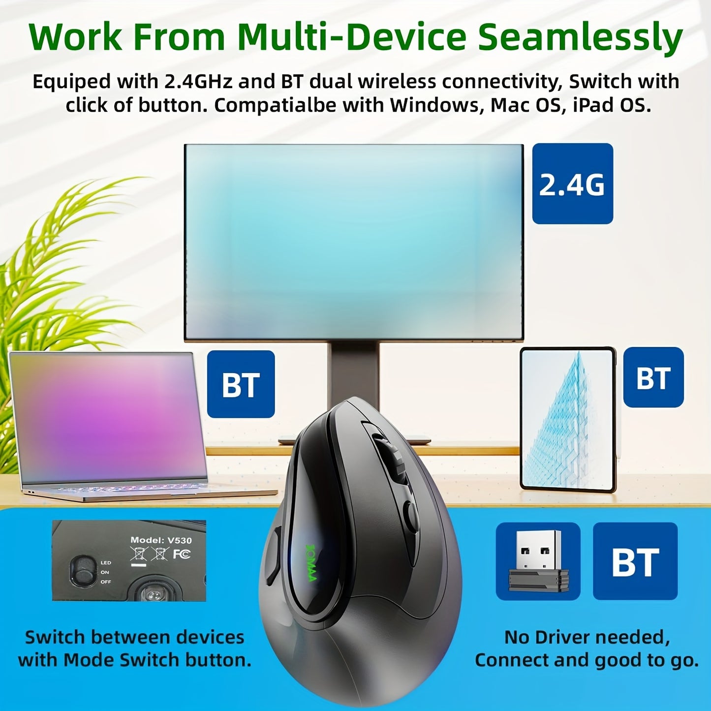 Multifunctional Vertical Mouse, Dual-mode Wireless BT Mouse