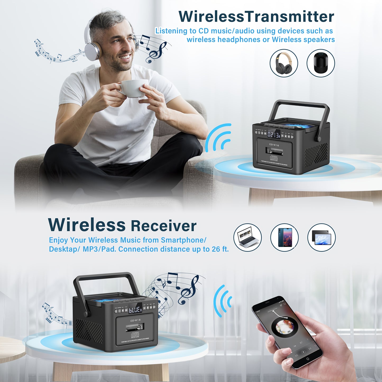 Vintage Retro CD/Cassette Boombox with 5000mAh Battery, Dual Stereo Speakers