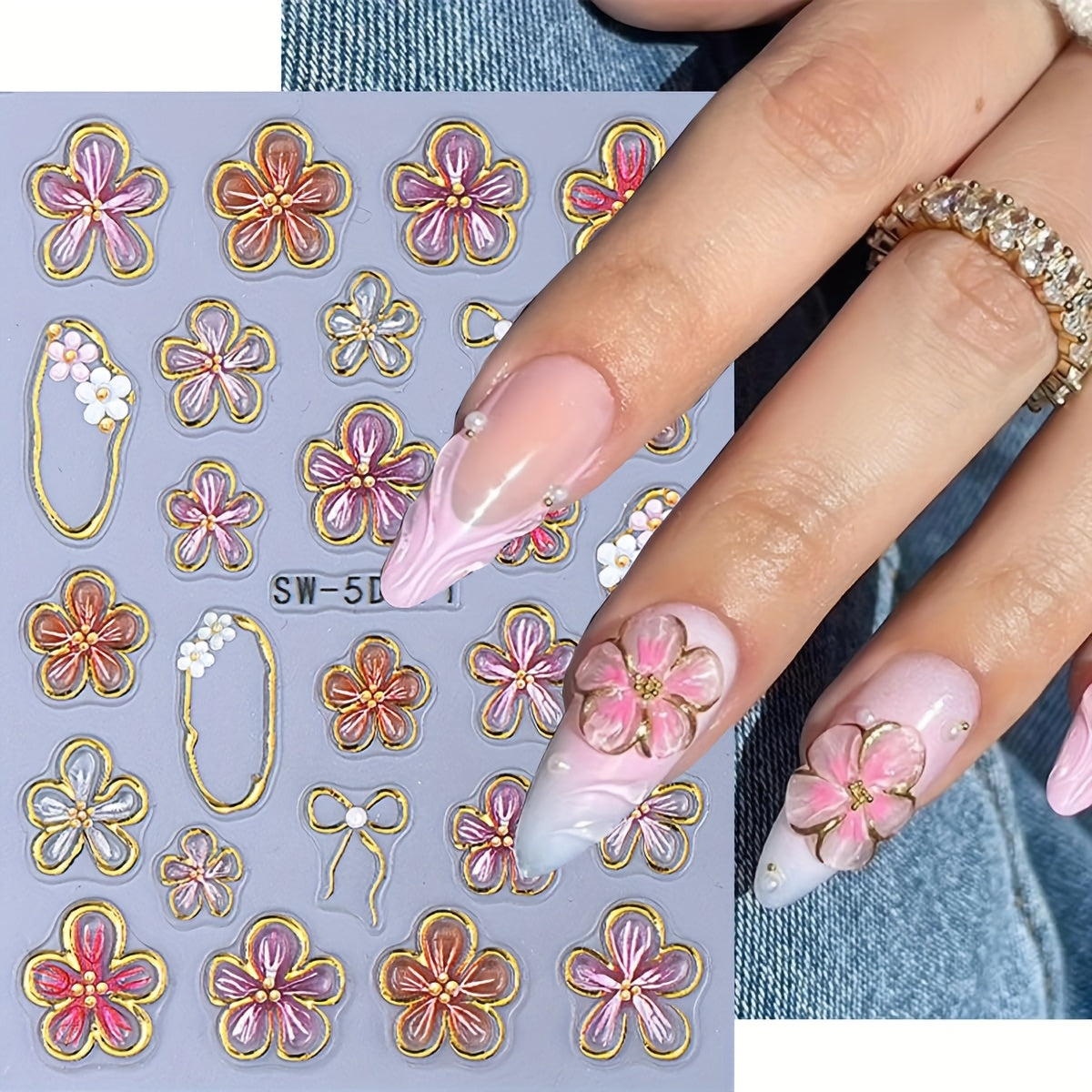 10pcs 5D Embossed Flower Nail Stickers