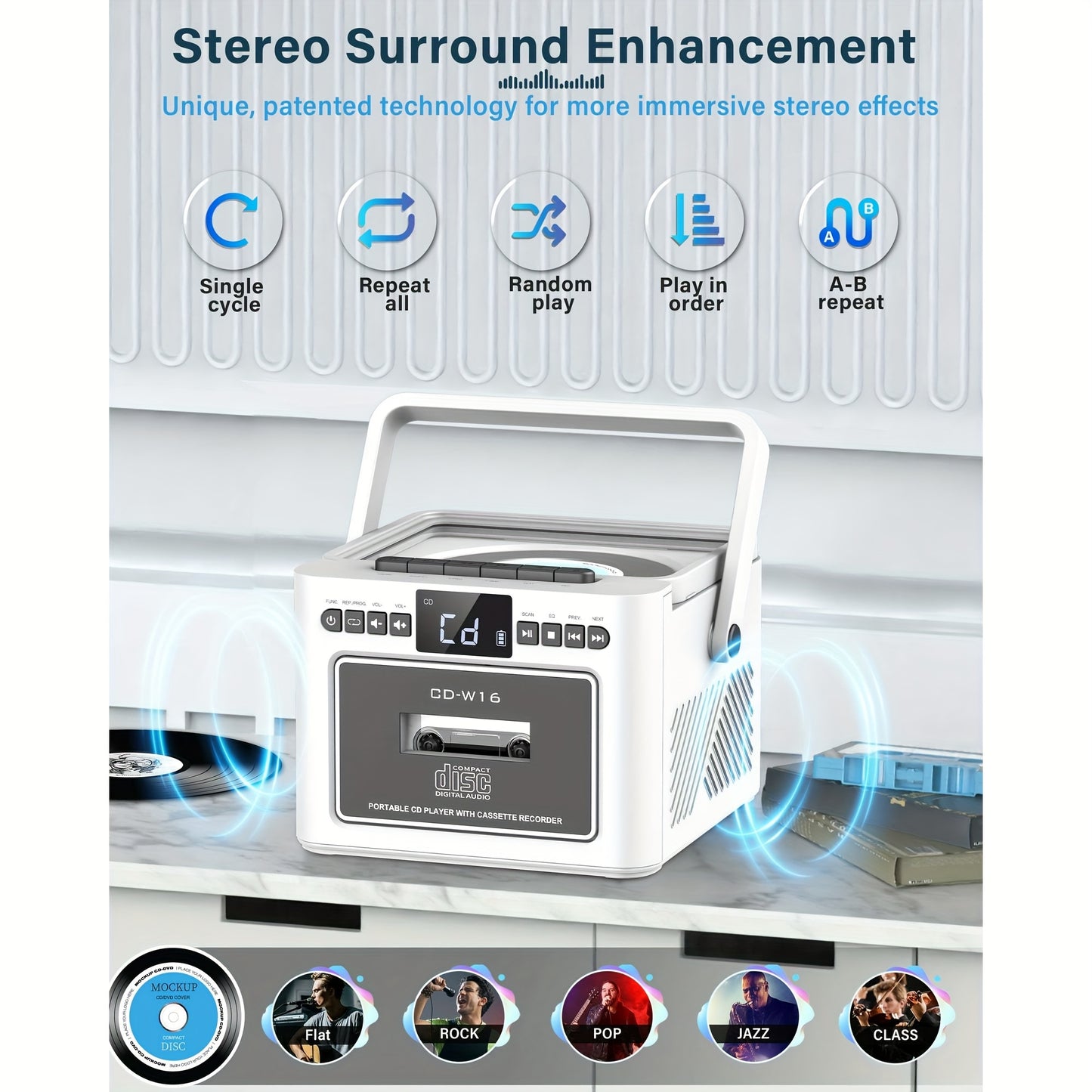 Vintage Retro CD/Cassette Boombox with 5000mAh Battery, Dual Stereo Speakers