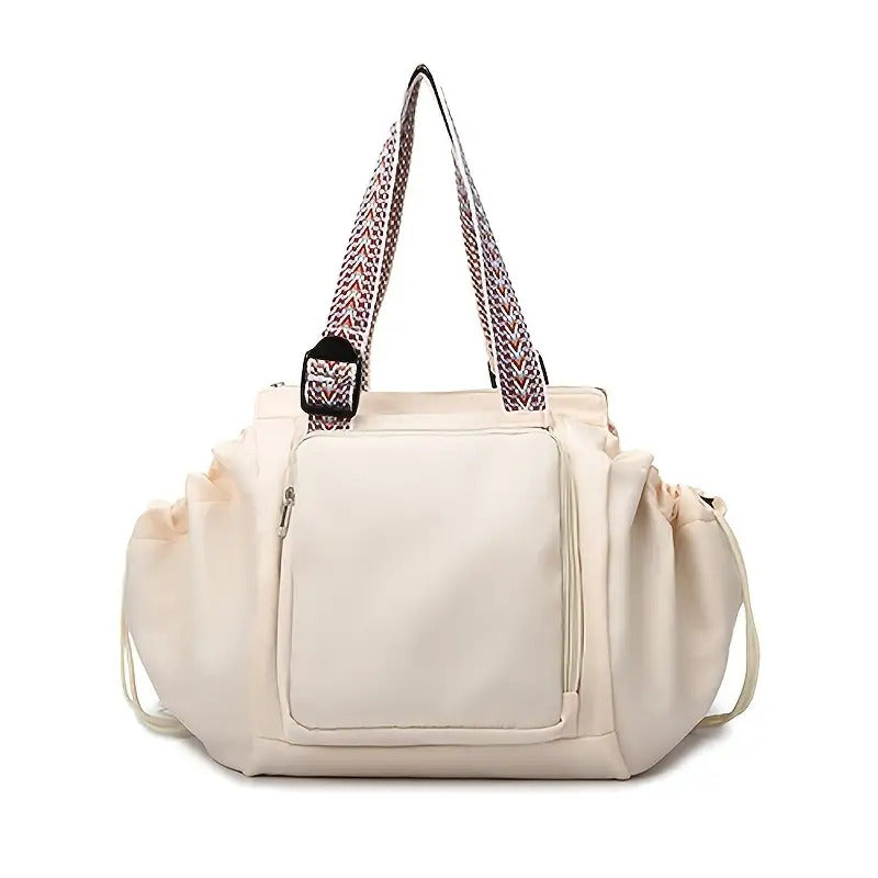 Large Capacity Beige Oxford Fabric Expandable Shoulder Tote Bag