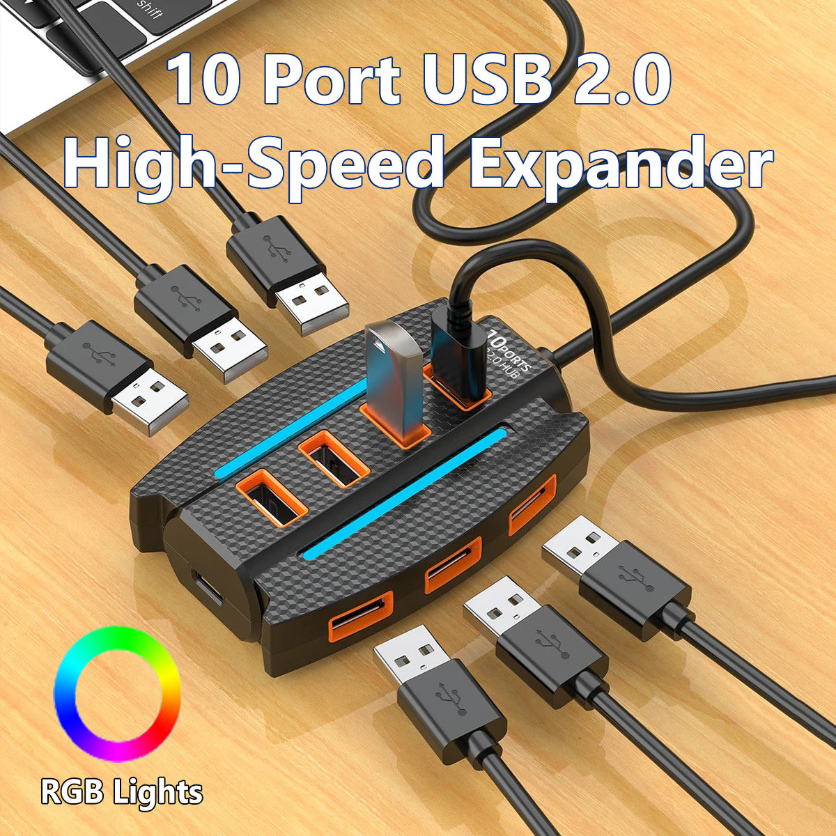1pc High-Speed 10-Port USB 2.0 Hub with RGB Lights