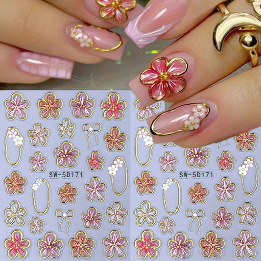 10pcs 5D Embossed Flower Nail Stickers