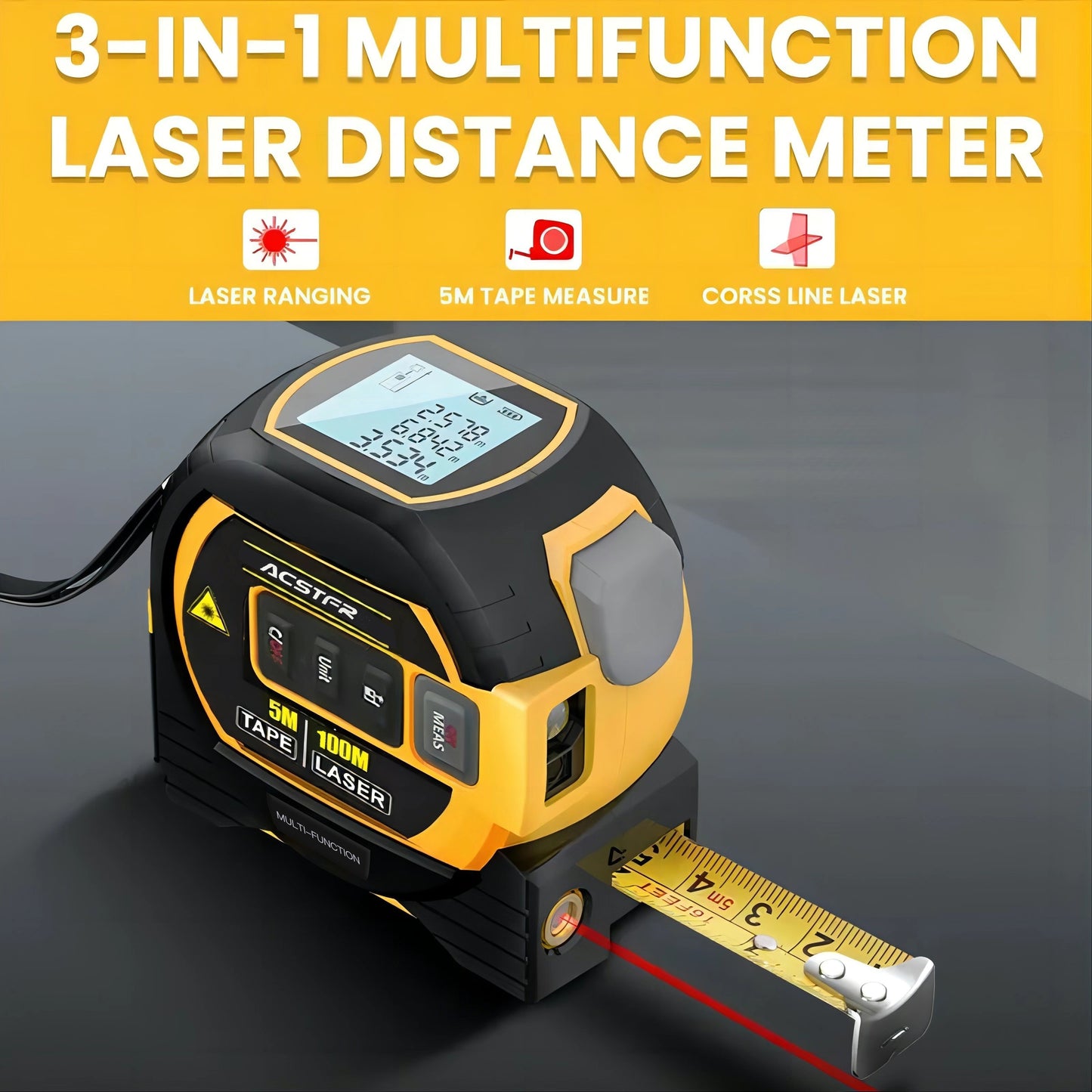 1pc Laser Tape Measure 3in 1 Digital Tape Measureteries