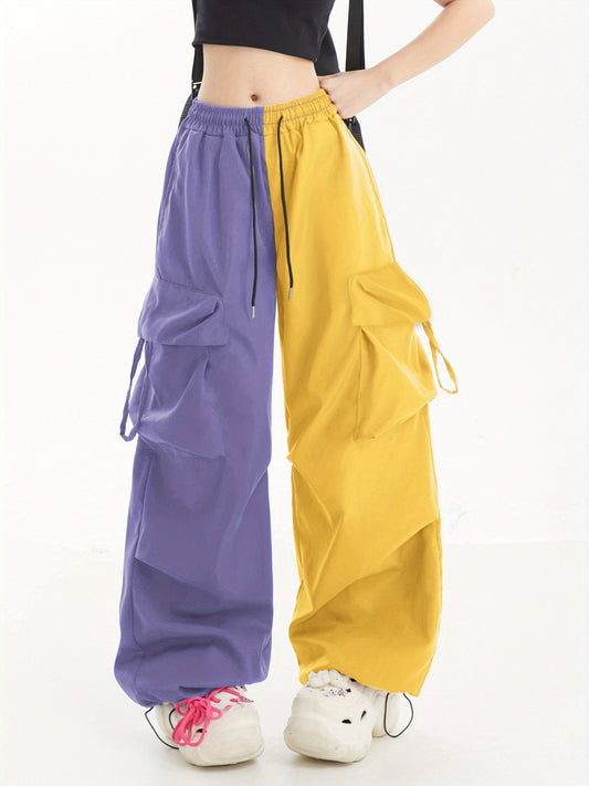 Women's High-Street Casual Cargo Pants - Two-Tone Color Block