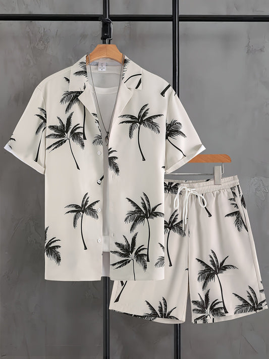 Summer Men's Cuban Collar Shirt Short Sleeve Shorts Set