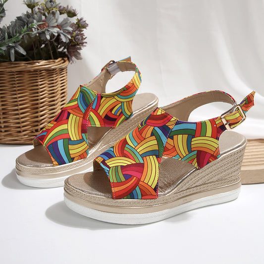 Women's Colorful Striped Roman Wedge Sandals
