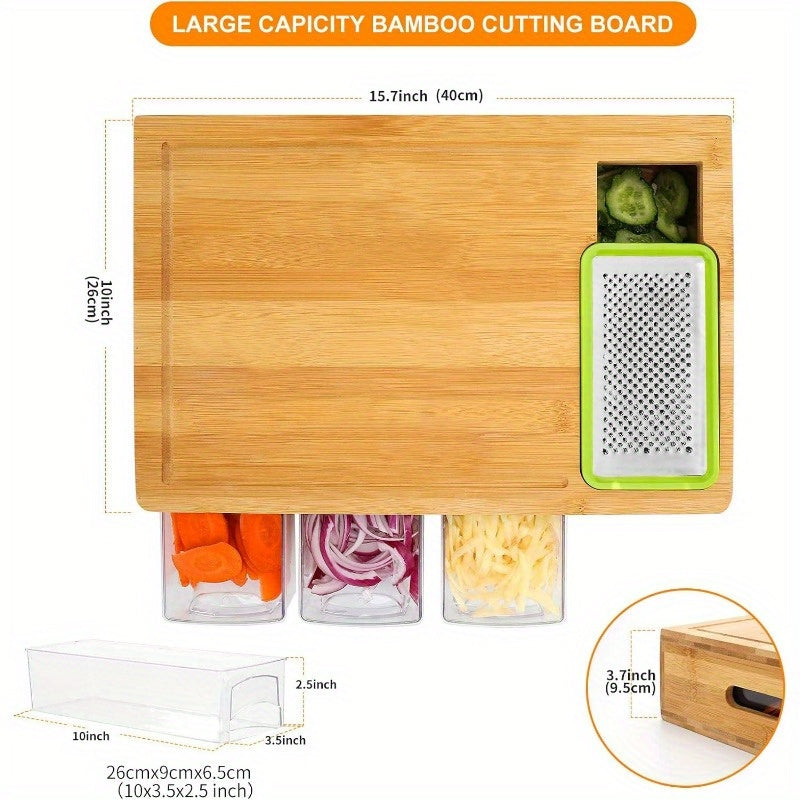 1pc Durable Bamboo Cutting Board With Drawers
