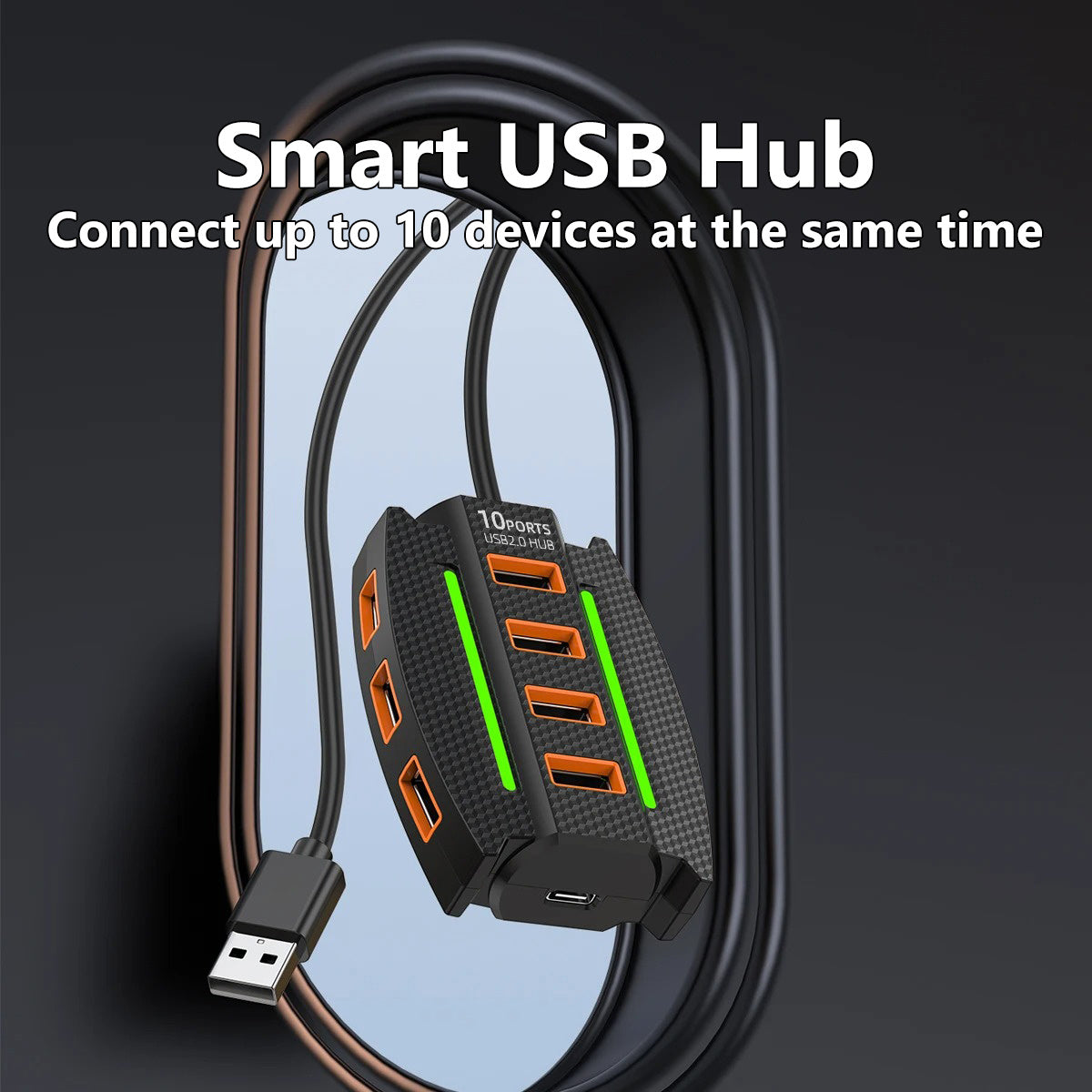 1pc High-Speed 10-Port USB 2.0 Hub with RGB Lights