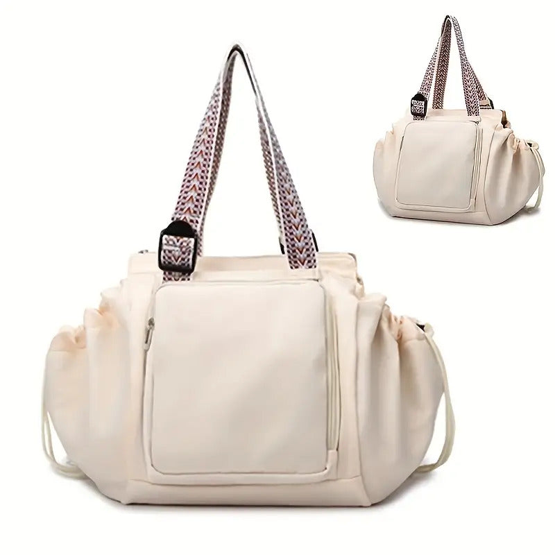 Large Capacity Beige Oxford Fabric Expandable Shoulder Tote Bag