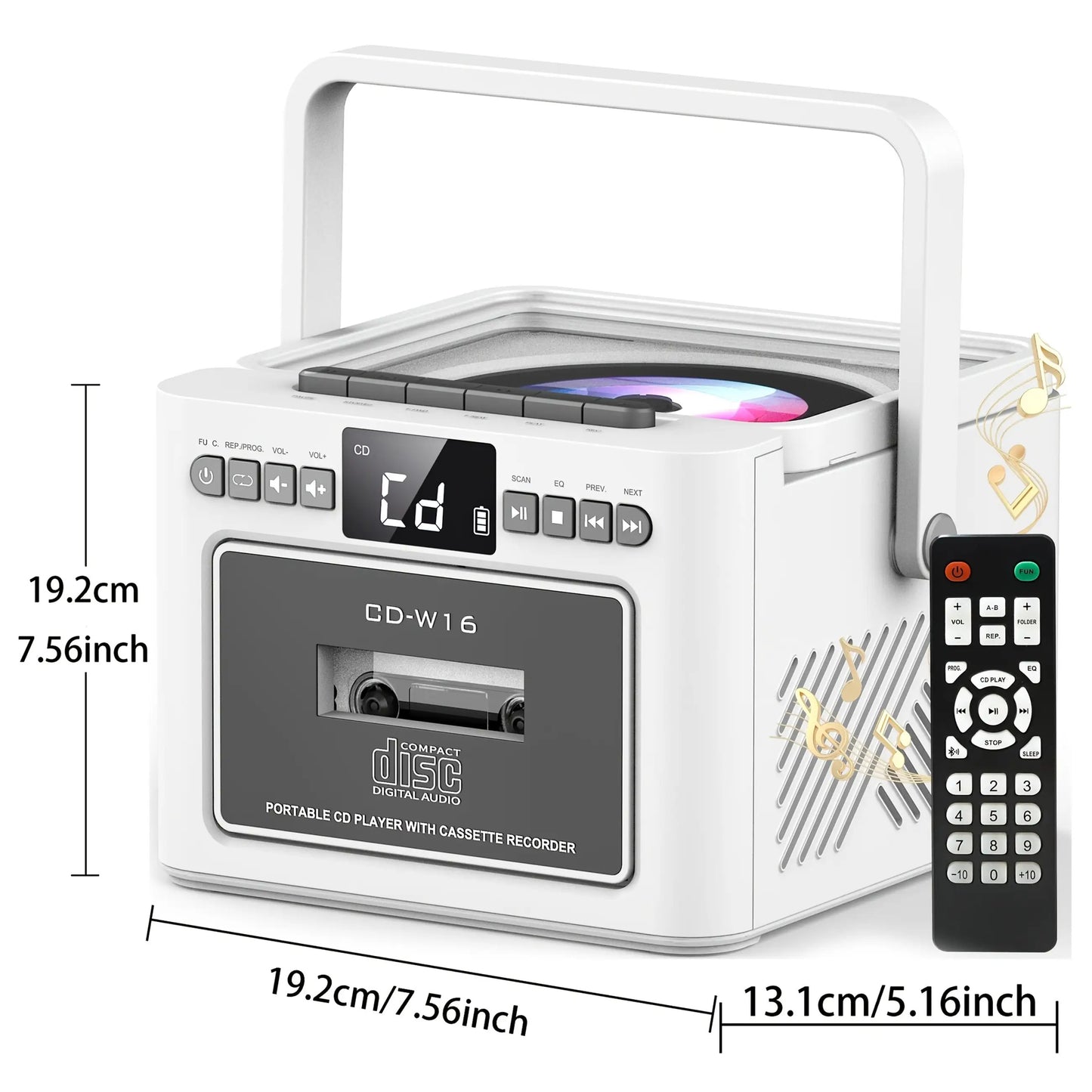 Vintage Retro CD/Cassette Boombox with 5000mAh Battery, Dual Stereo Speakers