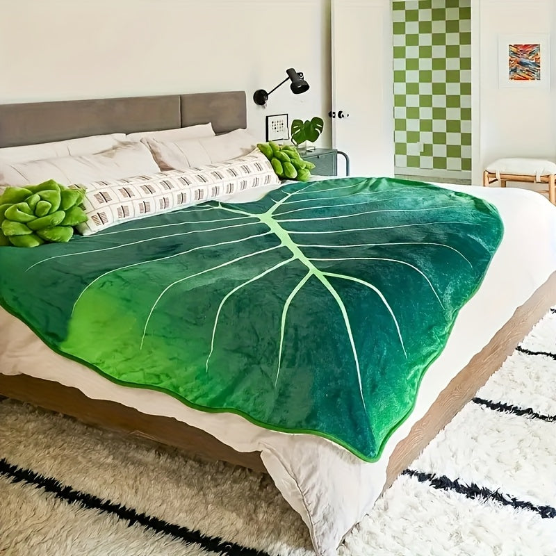 1pc Soft Green & White Monstera Leaf Flannel Blanket