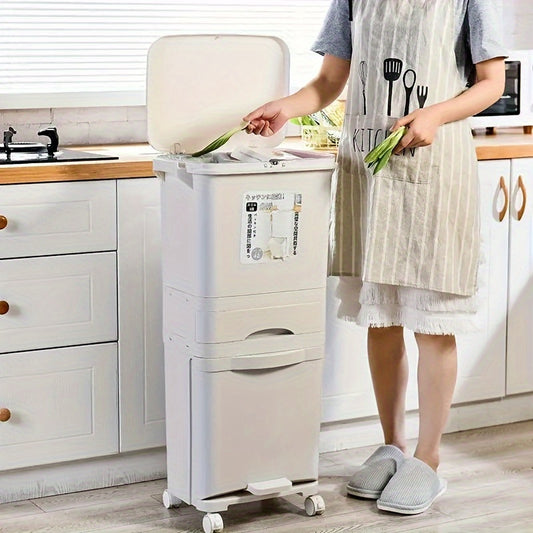 1pc Large Dual-Compartment Kitchen Trash Can with Wheels