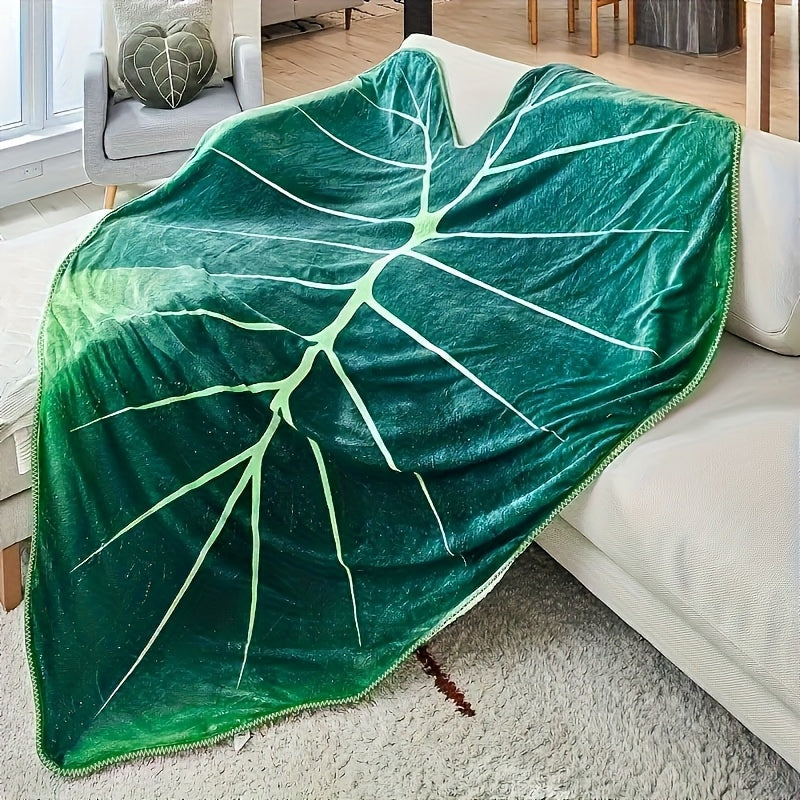 1pc Soft Green & White Monstera Leaf Flannel Blanket