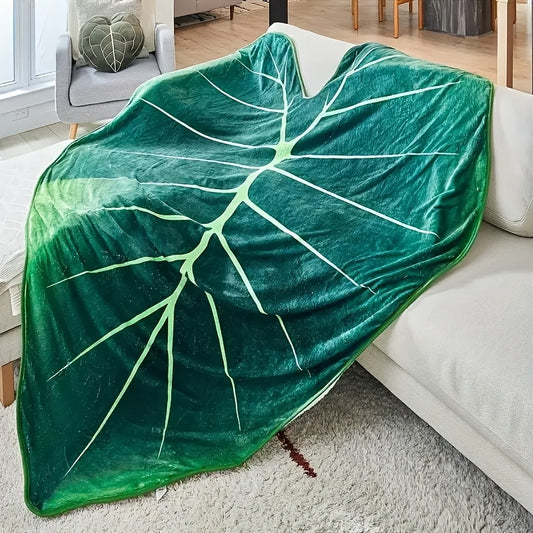 1pc Soft Green & White Monstera Leaf Flannel Blanket