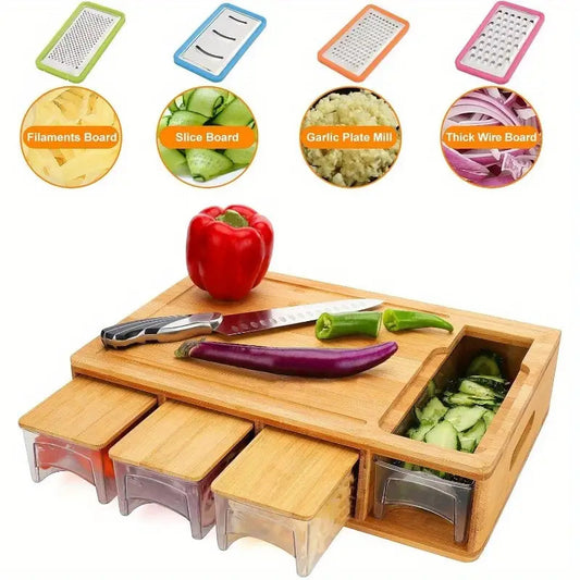 1pc Durable Bamboo Cutting Board With Drawers