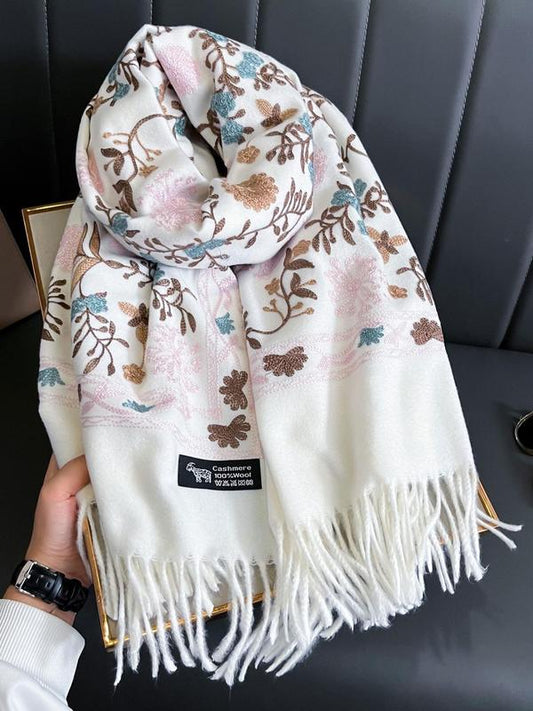 Boho Style Plants Embroidery Double Sided Cashmere Pashmina Scarf