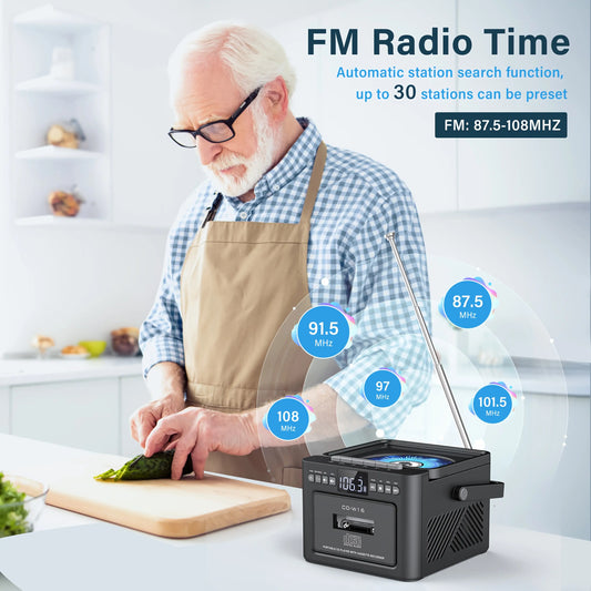 Vintage Retro CD/Cassette Boombox with 5000mAh Battery, Dual Stereo Speakers