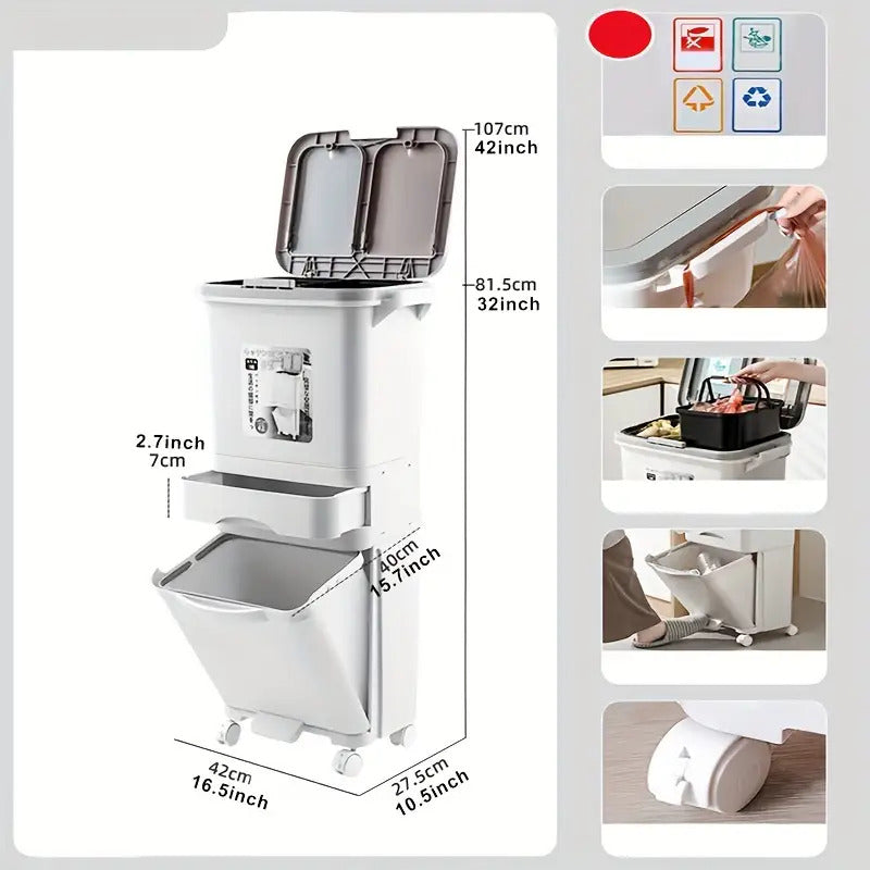 1pc Large Dual-Compartment Kitchen Trash Can with Wheels