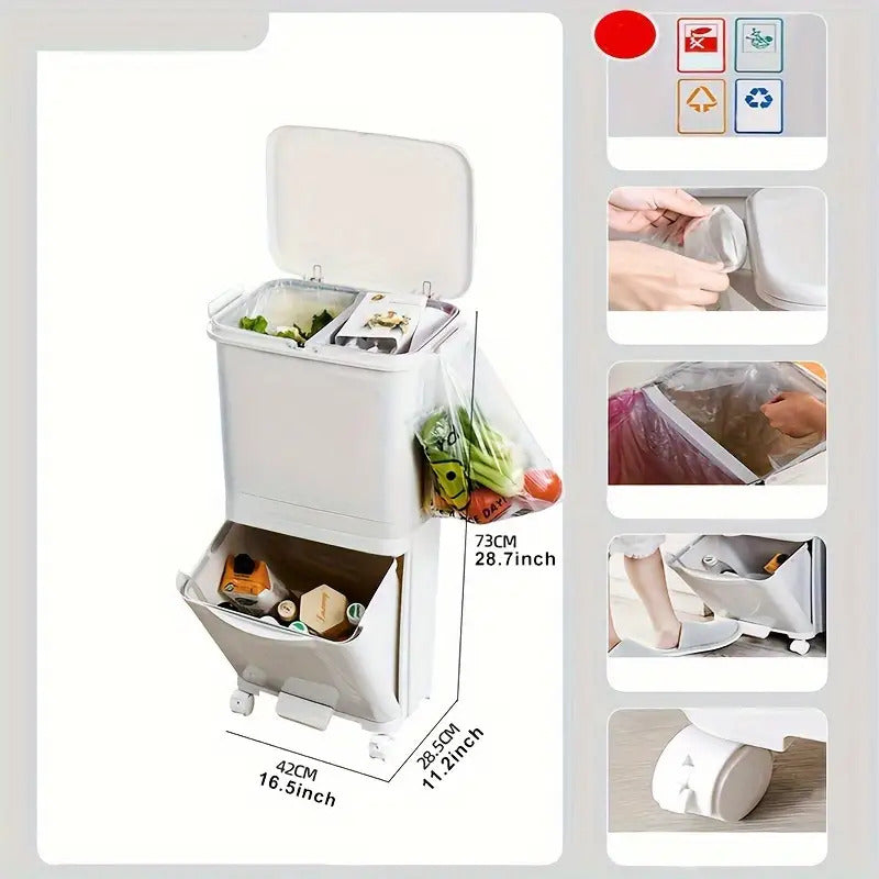 1pc Large Dual-Compartment Kitchen Trash Can with Wheels