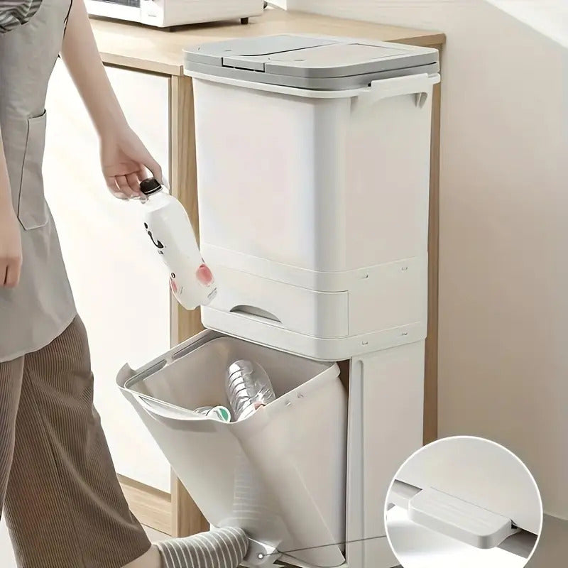 1pc Large Dual-Compartment Kitchen Trash Can with Wheels