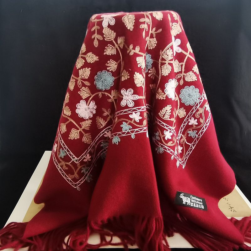 Boho Style Plants Embroidery Double Sided Cashmere Pashmina Scarf