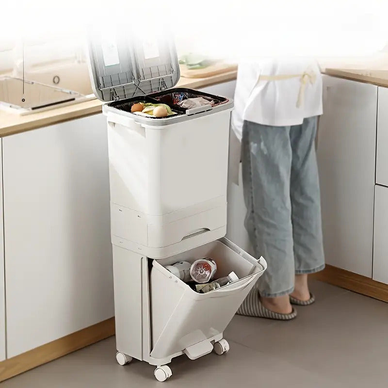 1pc Large Dual-Compartment Kitchen Trash Can with Wheels