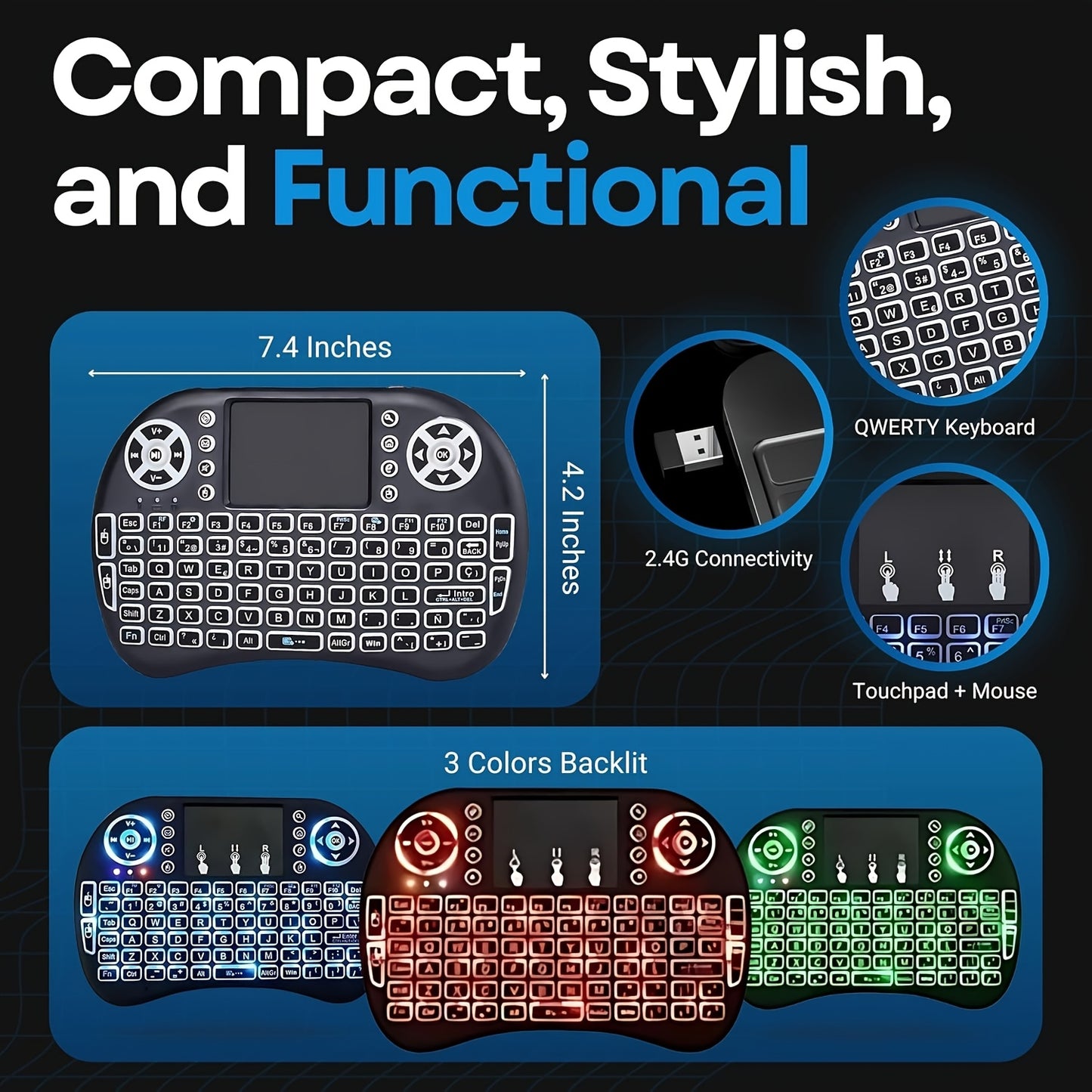RechargeableWireless Mini Keyboard Remote Control Touchpad Mouse Combo Controller