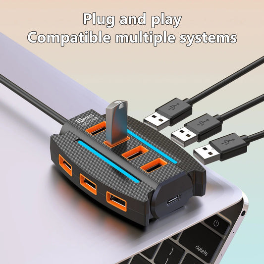 1pc High-Speed 10-Port USB 2.0 Hub with RGB Lights