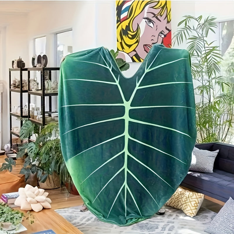 1pc Soft Green & White Monstera Leaf Flannel Blanket