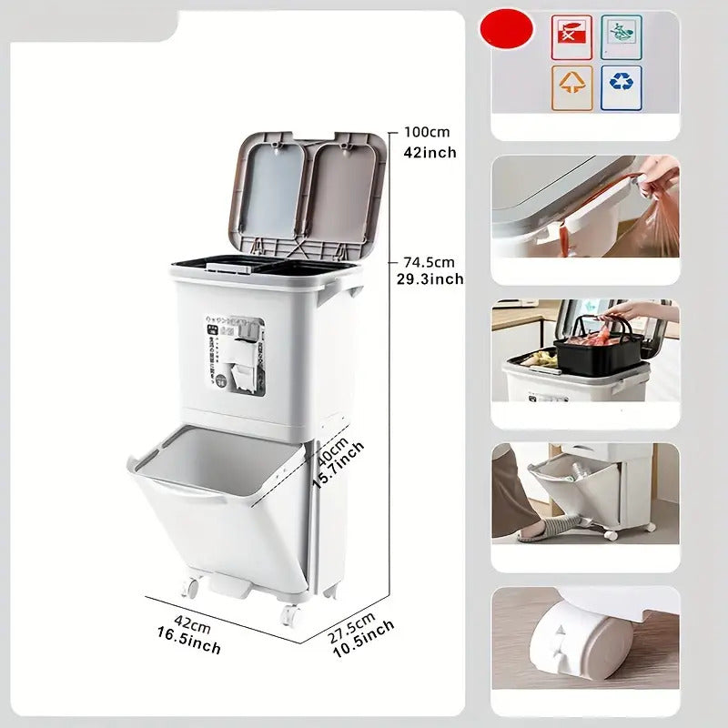 1pc Large Dual-Compartment Kitchen Trash Can with Wheels