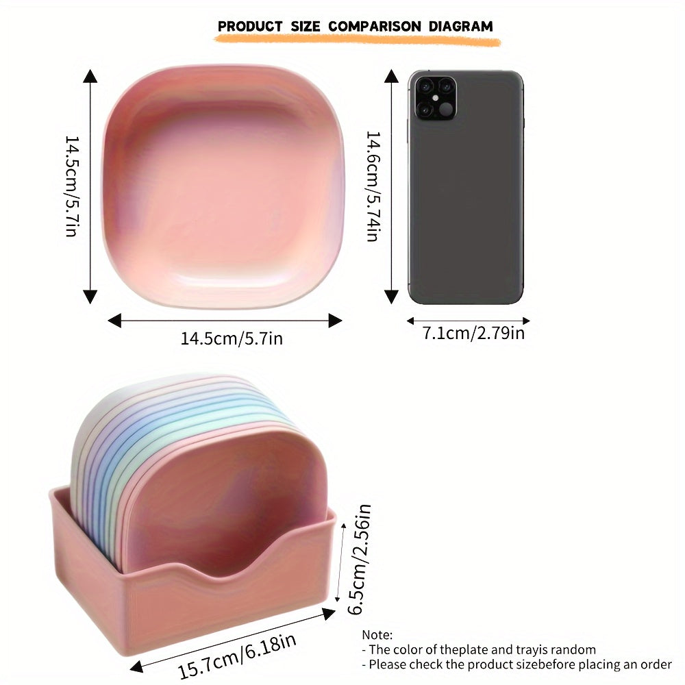 10 Square Portable Plastic Dinner Plates with 1 Holder